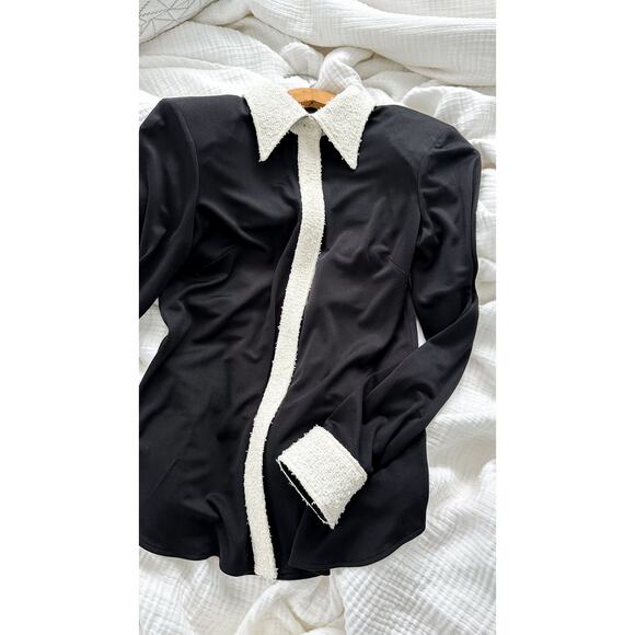 St. John Black White Silk Contrast Texture Collar Cuffs Button Down Top Blouse - Picture 3 of 9